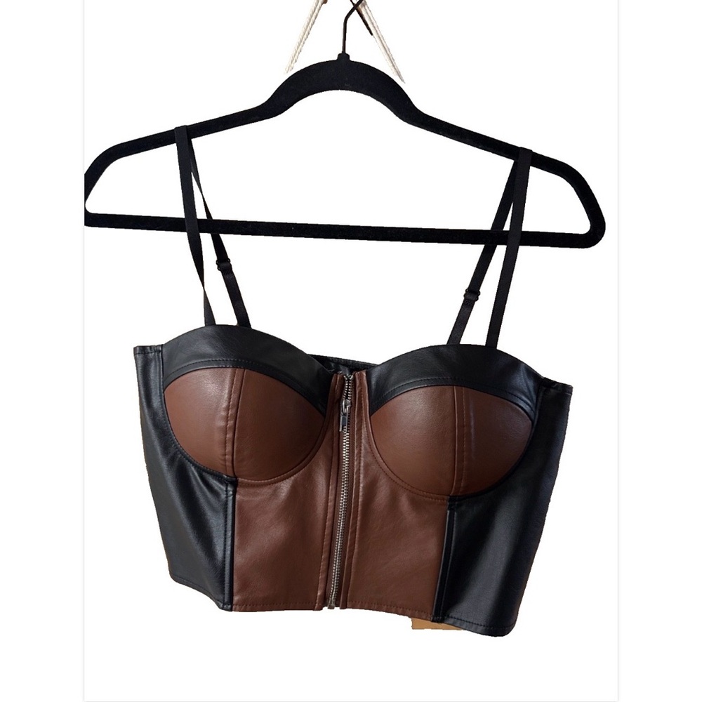 Black and Brown Faux Leather Bustier Top